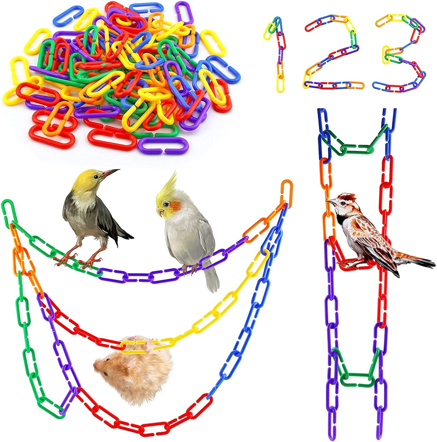 100PCS Plastic Chain Links, Children'S Learning Toy, Mix Color Rainbow DIY C-Clips Chains Hooks Swing Climbing Cage Toys for Bird Sugar Glider Rat Parrot
