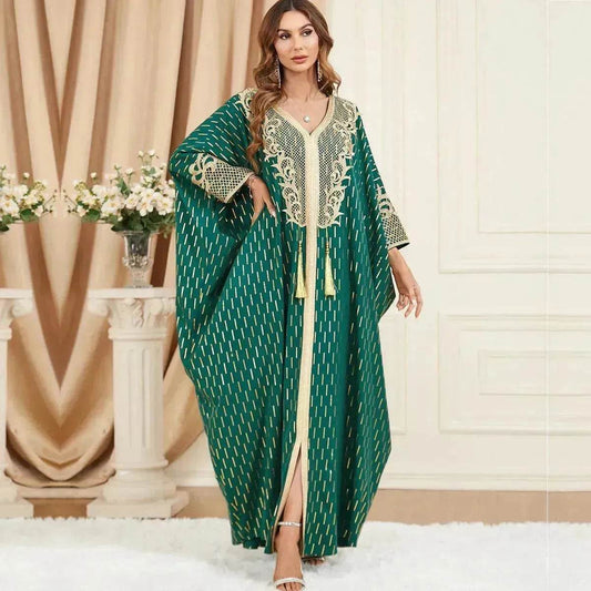 Dubai Turkey Arab Green Gilding Batwing Sleeve Bow Tie Stitching Middle East Popular Plus Size Tassel Split Dress