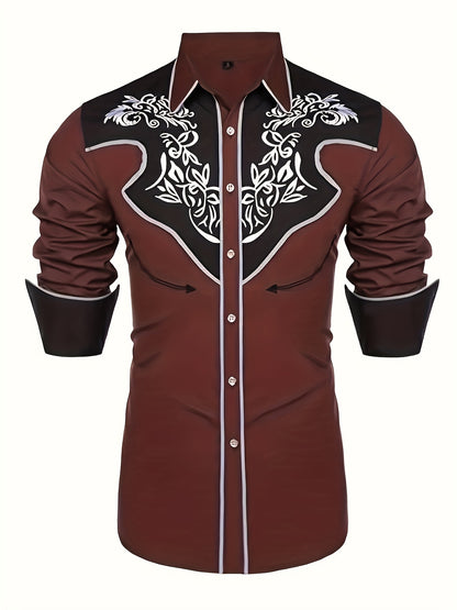 Chemise brodée à manches longues style cowboy western chic - Mélange de coton doux, design élégant, style décontracté pour les vacances de printemps et d'automne - Chemise homme pour activités de plein air, voyages et loisirs