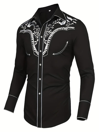 Chemise brodée à manches longues style cowboy western chic - Mélange de coton doux, design élégant, style décontracté pour les vacances de printemps et d'automne - Chemise homme pour activités de plein air, voyages et loisirs