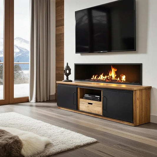 Meuble télé en bois de manguier avec 2 portes coulissantes en acier