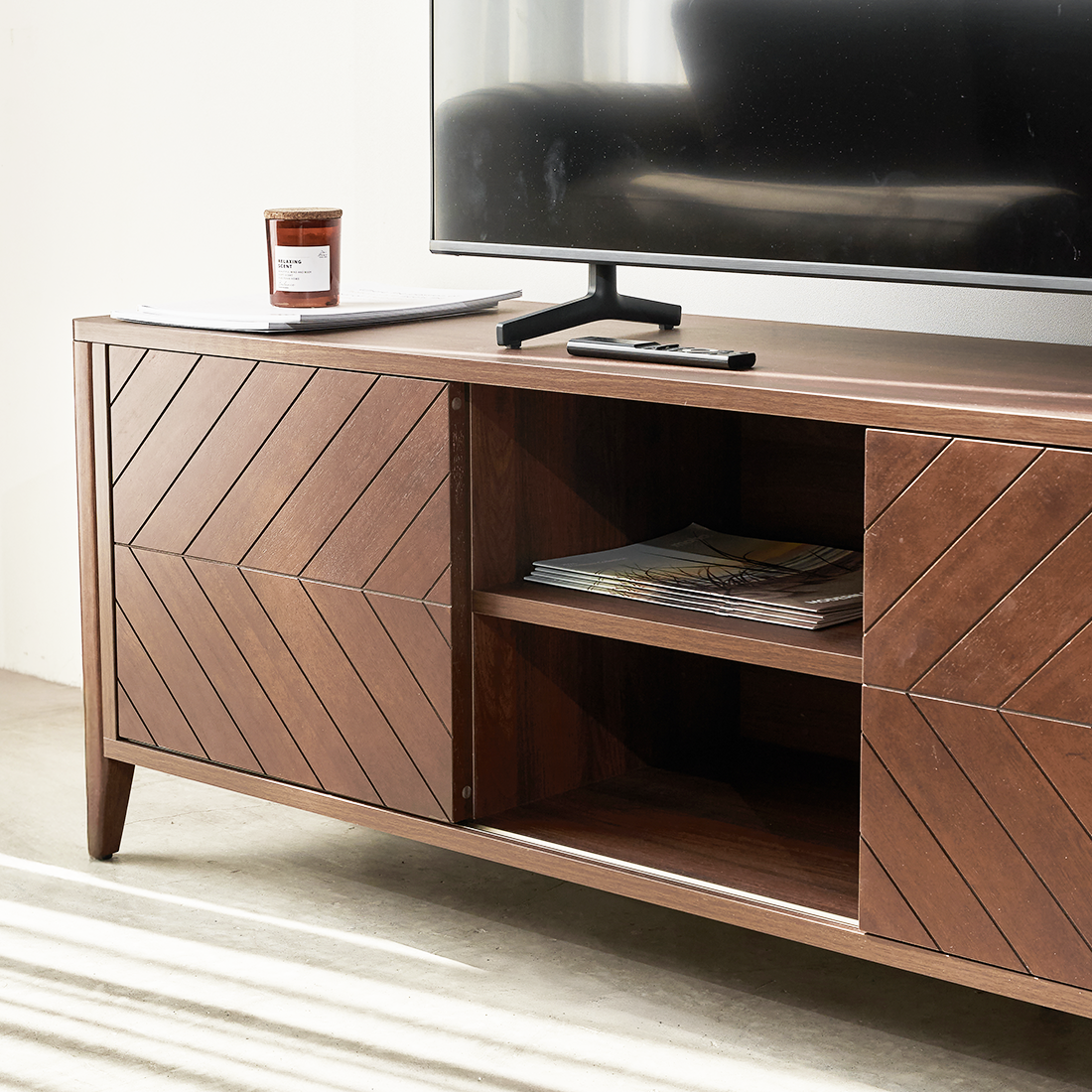 Odense Brown Wood TV Stand Entertainment Console with Chevron Detail