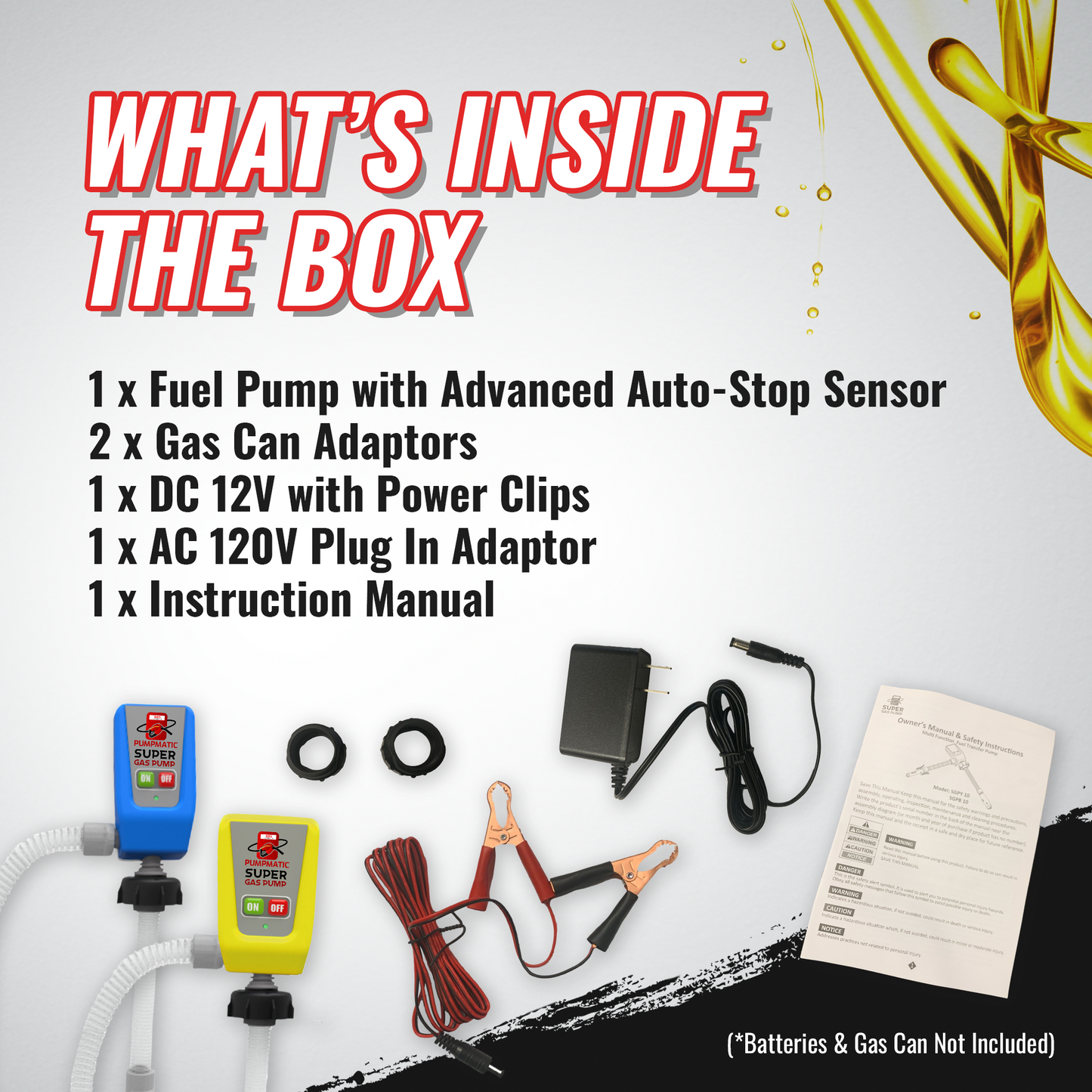 PumpMatic Super Gas Pump Fuel Transfer Pump for Gas, Diesel, Kerosene + 3 Power Sources w/ 4.25 Ft Hose